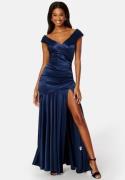 Goddiva Satin Bardot Pleat Maxi With Split Navy M (UK12)