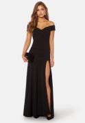 Goddiva Bardot Pleat Maxi Split Dress Black S XXL (UK18)