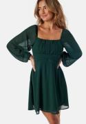 BUBBLEROOM Square Neck L/S Georgette Dress Dark green 44