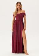 Goddiva Bardot Rouched Maxi Split Dress Berry S (UK10)