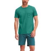 Calida Relax Imprint O Neck Short Pyjama Grønn bomull X-Large Herre