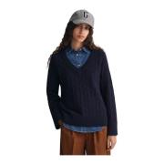 Blå Gant Herringbone V-Neck Sweater Overdeler
