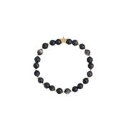 Stone Bead Bracelet 6 MM W/Gold Beads Antracite