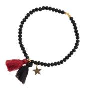 Crystal Bead Bracelet 4 MM W/Tassel Black Matte W/Ox RED