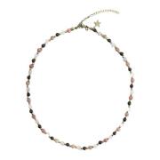 Stone Bead Necklace 4 MM W/Gold Beads Rose MIX