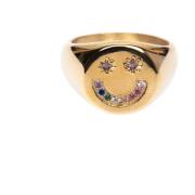 Smiley Signet Ring W/Multicolored Crystals