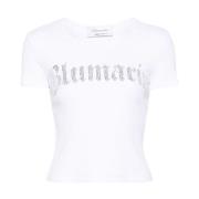 Hvit Ribbestrikket T-skjorte med Rhinestone Logo
