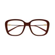Rektangulære briller med metallstenger og ovalt logoemblem