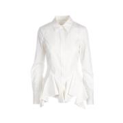 Hvit Tettsittende Bomullspoplin Skjorte med Rysjekant
