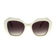 Solbriller med uregelmessig form, hvitt innfatning og grå linser
