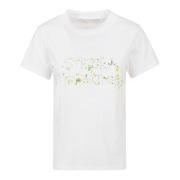 Logo Print Hvit Bomull T-skjorte med Blomsterbroderi