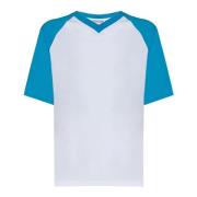 Hvit Ribbet V-hals T-skjorte med Blå Ermer