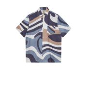 Navy Linen Print Skjorte