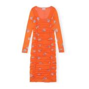 Oransje Ganni Printed Mesh U-Neck Ruched Midi Dress Kjoler