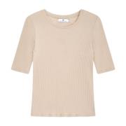 Ribbet Lyocell T-skjorte - Beige