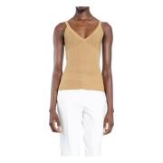 Beige Silk Cashmere Ribbed-Knit V-Neck Sleeveless T-Shirt