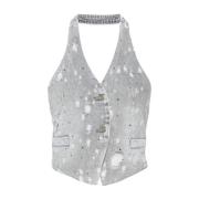 Denim Halterneck Jakke Rhinestone Pyntet