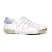 Hvit Denim Skinn Sneakers