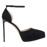 Svarte Velour Platform Pumps med Ankelstropp