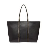 Svart Hammered Lær Tote Bag med Platinum Studs