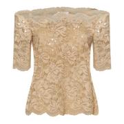 Beige Blomster Blonde Off-Shoulder Topp