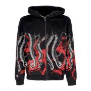 Svart Zip Hoodie med Tentakel Print