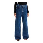 Mørkvaske Wide Leg Jeans med Distressed Detaljer