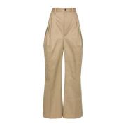 Beige Twill Weave High-Waisted Trousers