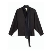 Sateng V-hals Bluse med Kimono Ermer