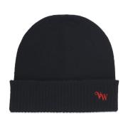 Svart Cashmere Beanie med Logo Broderi