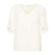 Elegant V-Hals Bluse med Halve Ermer