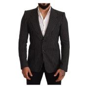 Sort Stripet Slim Fit Ullkåpe Blazer