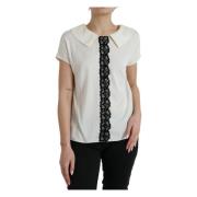 Elegant Off-White Silke Bluse med Blonder