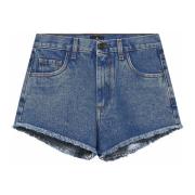 Blå Frayed Shorts med Logo Knapp