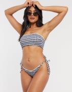 ASOS DESIGN shirred bandeau bikini top in mono gingham-Multi