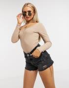 NA-KD off the shoulder long sleeve body in beige-Neutral
