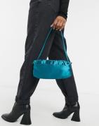 ASOS DESIGN satin shoulder bag with frill edge in teal-Green