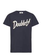 Ola Junior Script & Badge T-Shirt Navy Double A By Wood Wood