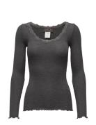 Rwbabette Silk Ls U-Neck Lace T-Shi Grey Rosemunde