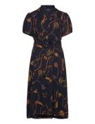 Print Belted Georgette Puff-Sleeve Dress Navy Lauren Women