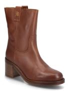 Riding Lthr Mid Boot Block Heel Brown Tommy Hilfiger