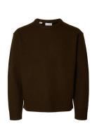 Slharne Ls Knit Relaxed Wool Crew Neck Brown Selected