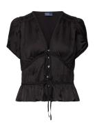 Braided-Trim Pleated Satin Peplum Top Tops Blouses Short-sleeved Black...