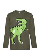 Top Ls Dino Sequins Tops T-shirts Long-sleeved T-shirts Khaki Green Li...