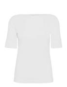Cotton Boatneck Top Tops T-shirts & Tops Short-sleeved White Lauren Ra...