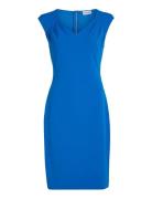 Scuba Crepe V Neck Drape Dress Knelang Kjole Blue Calvin Klein