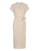 V-Neck Short Sleeve Wrap Dress Knelang Kjole Beige Bubbleroom