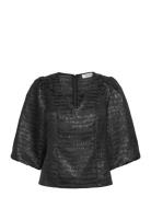 Msmelbi V-Neck Blouse Tops Blouses Short-sleeved Black Minus