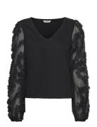 3D Floral Sleeve V-Neck Top Tops Blouses Long-sleeved Black Bubbleroom