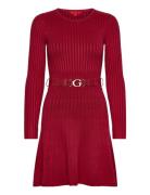 Ls Rib Pleated Paige Swtr Drs Kort Kjole Red GUESS Jeans